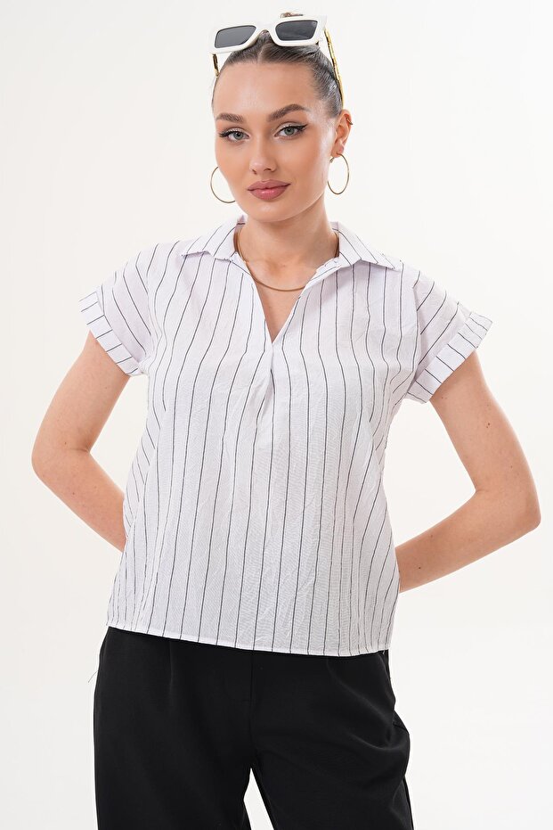 Women's Striped Collared Linen Blouse 260366