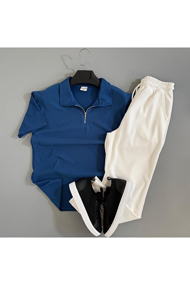 Men's Ribbed Ottoman Fabric T-Shirt Pants Summer Top and Bottom Combination