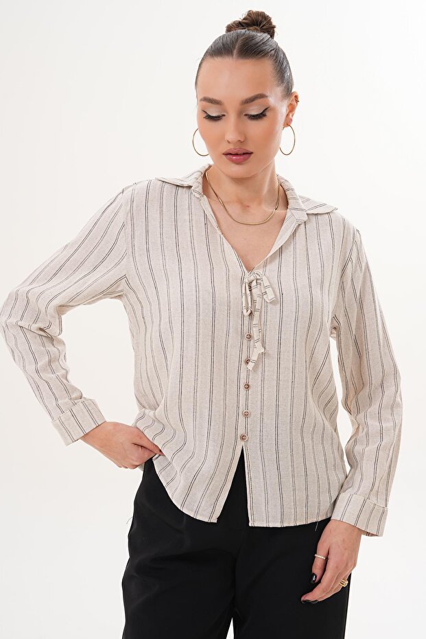 Women's Striped Collar Lace Detailed Linen Shirt 260329 -