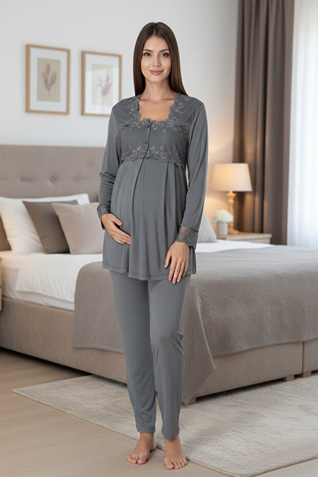 Lace Detailed Cotton Long Sleeve Maternity Pajama Set