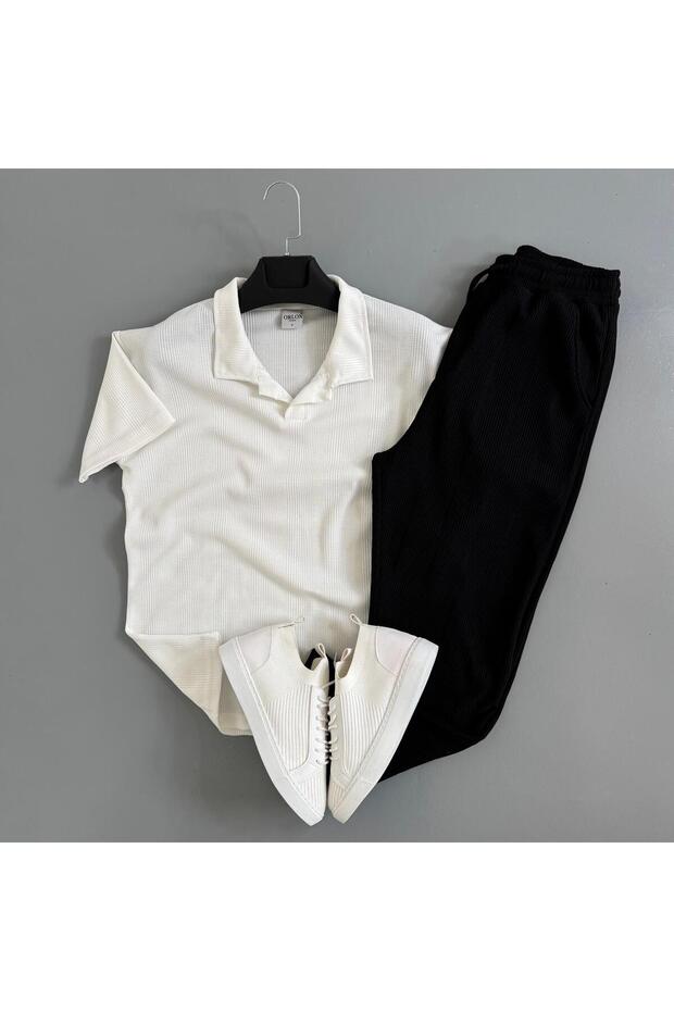 Men's Ottoman Fabric Summer Polo Collar T-Shirt and Pants Combination