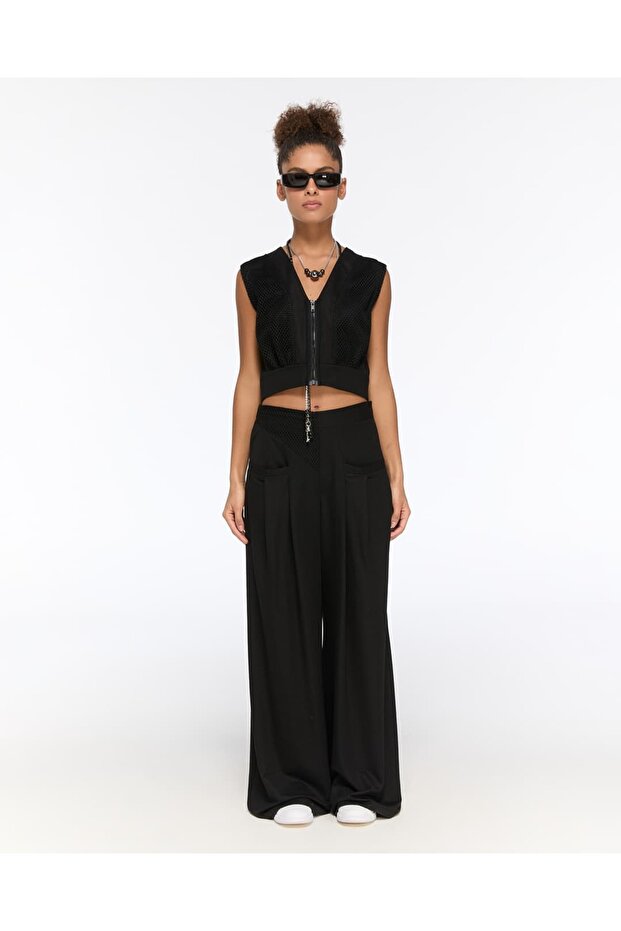 Zippered Blouse with Mesh Detail