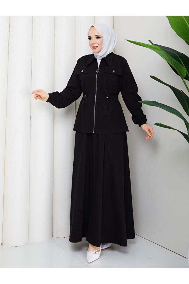 Women's Denim Suit Long Skirt and Zippered Jacket Two-Piece Set N-05499 _ Black