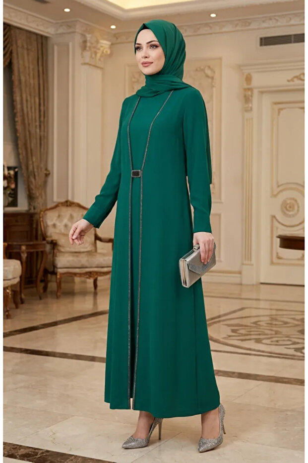 Stone Embellished Hijab Dress 6273-04 Emerald Green