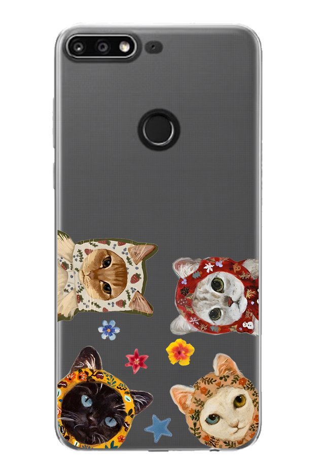 Huawei Y7 2018 Compatible Cute Cats Patterned Transparent Phone Case