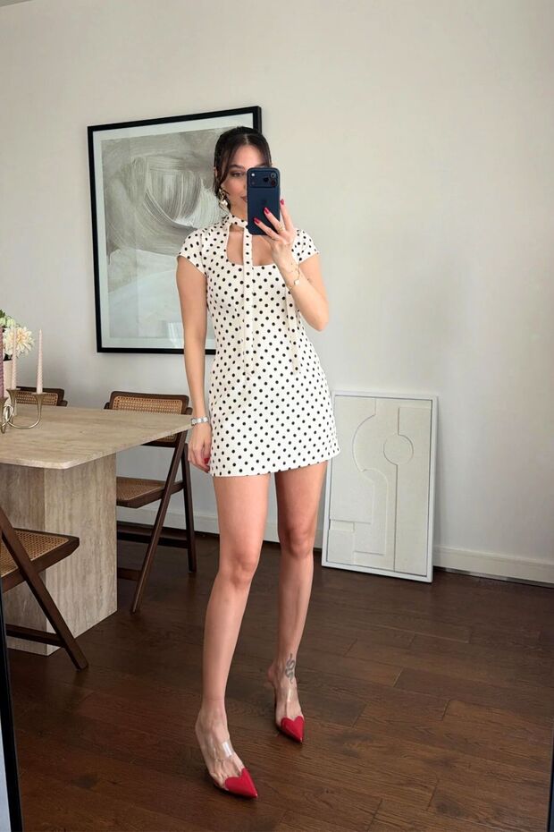 Mini Vintage Tie-Neck Wrap Dress with Short Sleeves and Inspired Interior Shorts, Polka Dot Design, Equivalent Dress