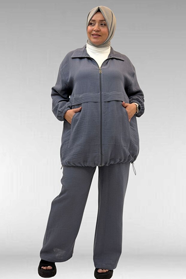 67016 Large Size Muslin Trousers Set with Rubber Detail on Sleeves and Hem - Anthracite