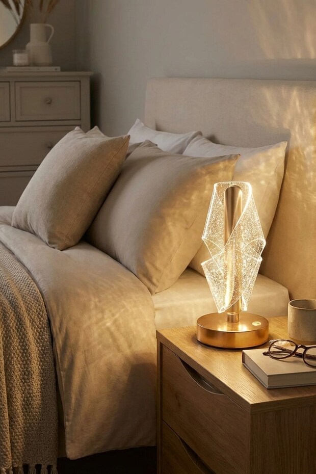 ® Cross-Curved Inverted Crystal Glitter Led Table Lamp – Gold Body, Touch Control, 3 Light Levels