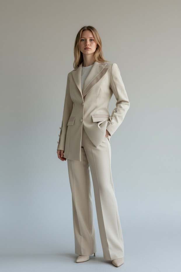 Satin Detailed Stylish Buttoned Blazer Jacket and Trousers Two-Piece Suit - Beige
