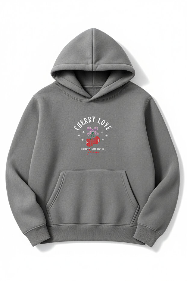 سويت شيرت بقلنسوة مطبوع عليه Cherry Love مقاس كبير للجنسين