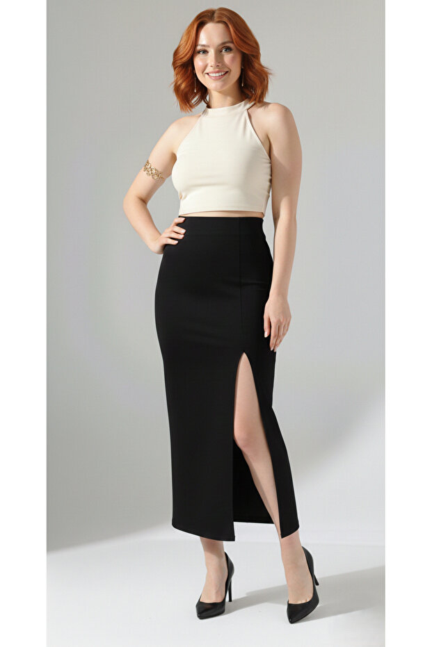 Women's Slit Scuba Pencil Skirt - Diving Fabric/92 cm