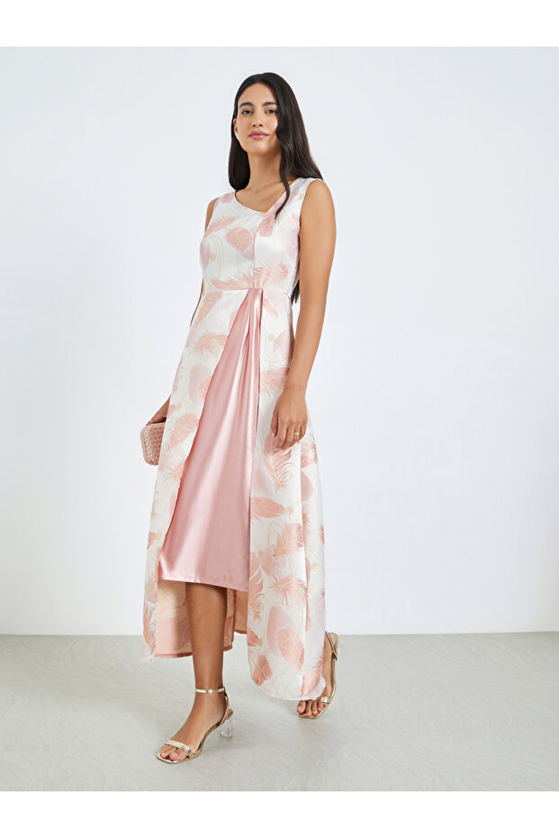 Pink Printed Asymmetric Hem Sleeveless Maxi Dress
