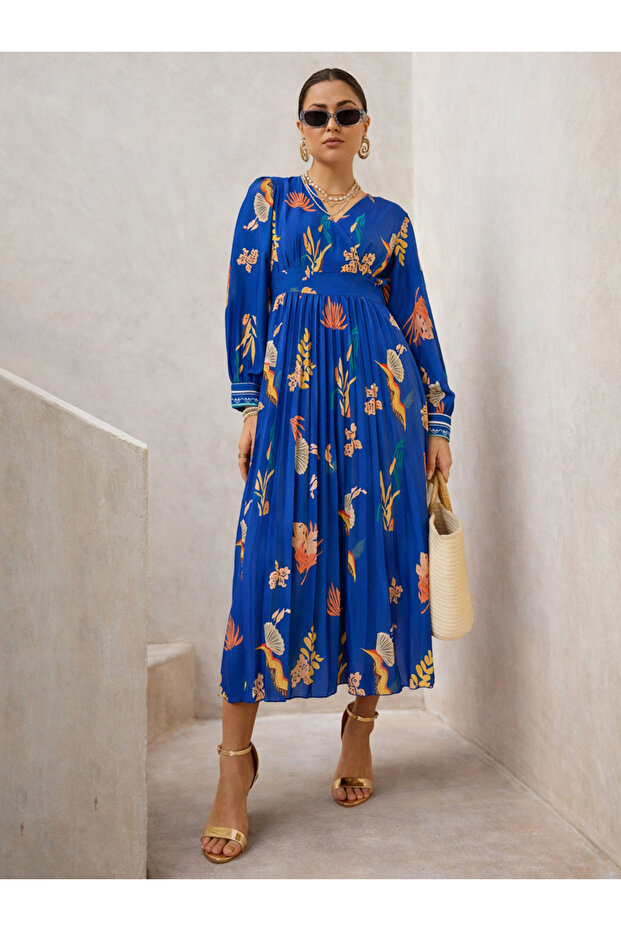 Blue Floral Print Pleated A-Line Midi Dress