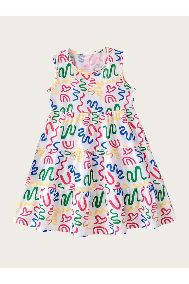 Girls Scribble Print Sleeveless Tiered Dress