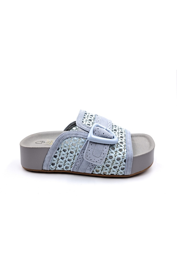 Special Design Suede Leather and Straw Weave Detailed Women's Light Blue Comfort Slippers