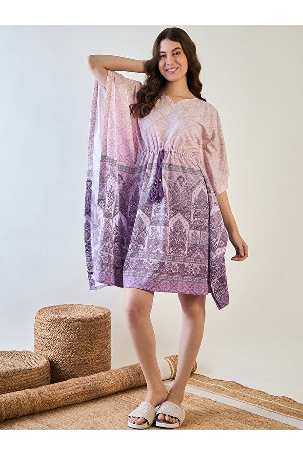 Purple Patterned Kaftan Nightdress with Tassels