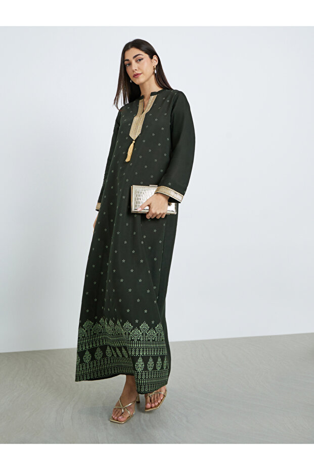 Women Green Embroidered Trim Printed Jalabiya