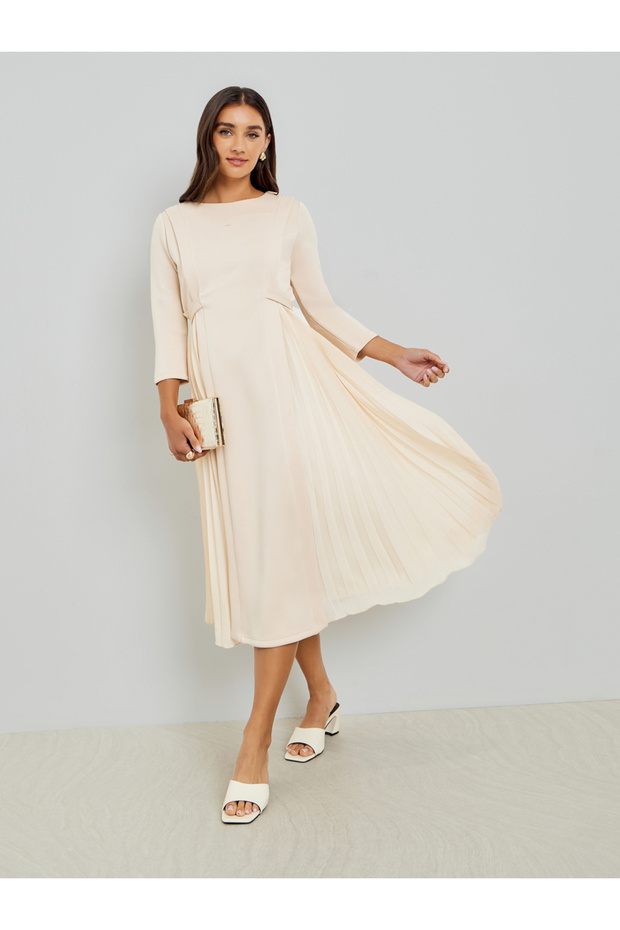 Cream 3/4 Sleeve Pleated Midi Dress
