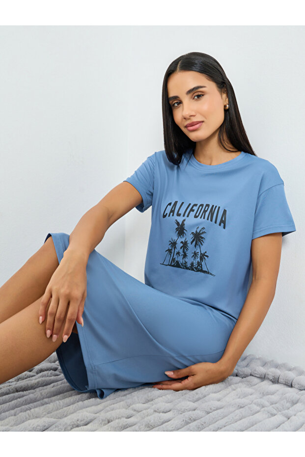 Blue California Print T-Shirt Dress