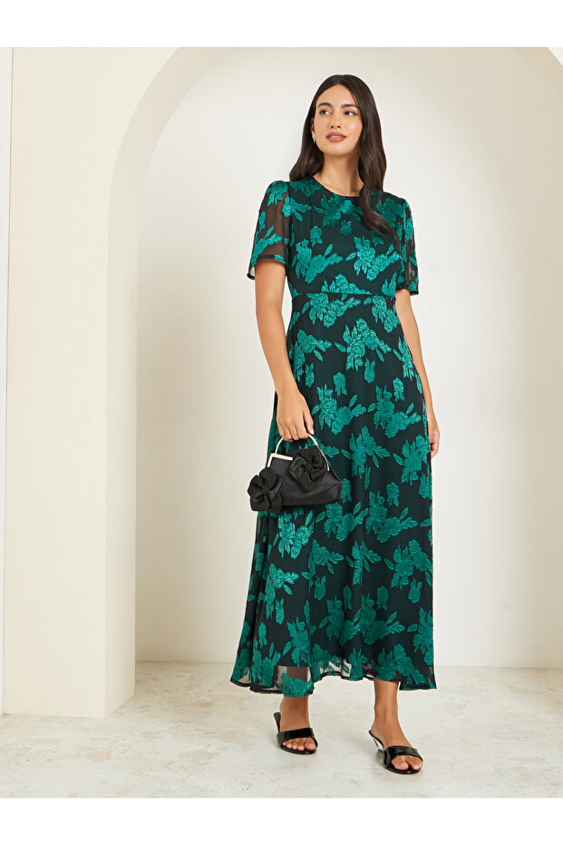 Teal Floral Short Sleeve A-Line Maxi Dress