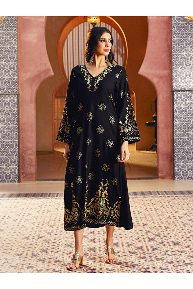 Black Foil Print A-Line Jalabiya