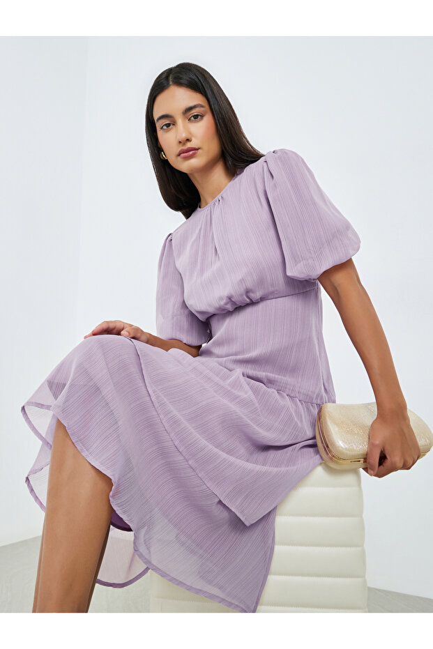 Lilac Puff Sleeve Tiered Midi Dress