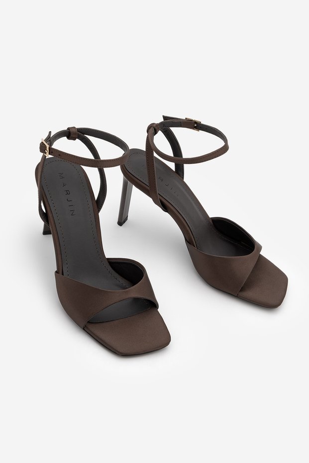 Women's Blunt Toe Ankle Strap Classic Heeled Sandals Vados Brown Satin