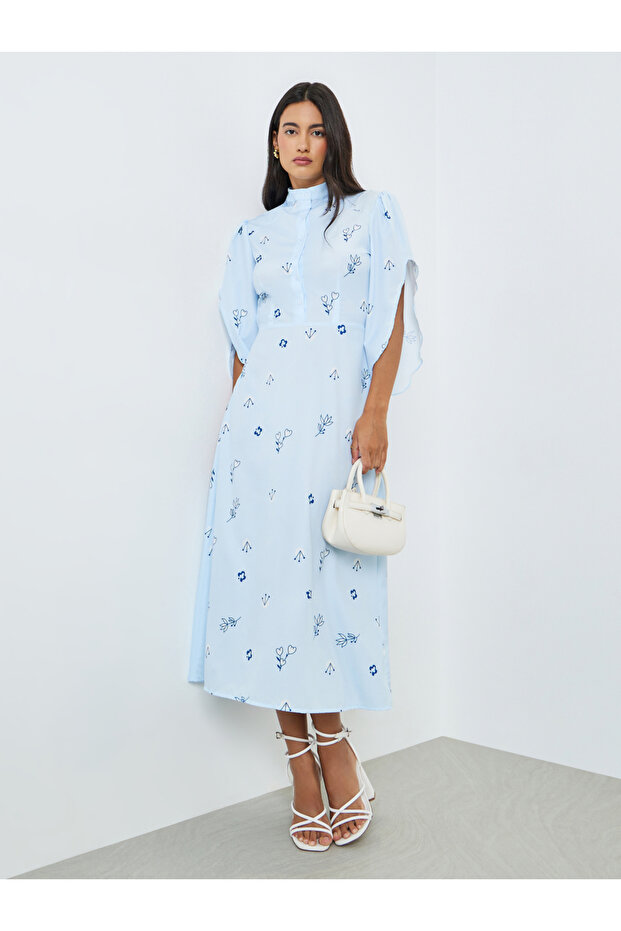 Blue Floral Print Buttoned A-Line Midi Dress