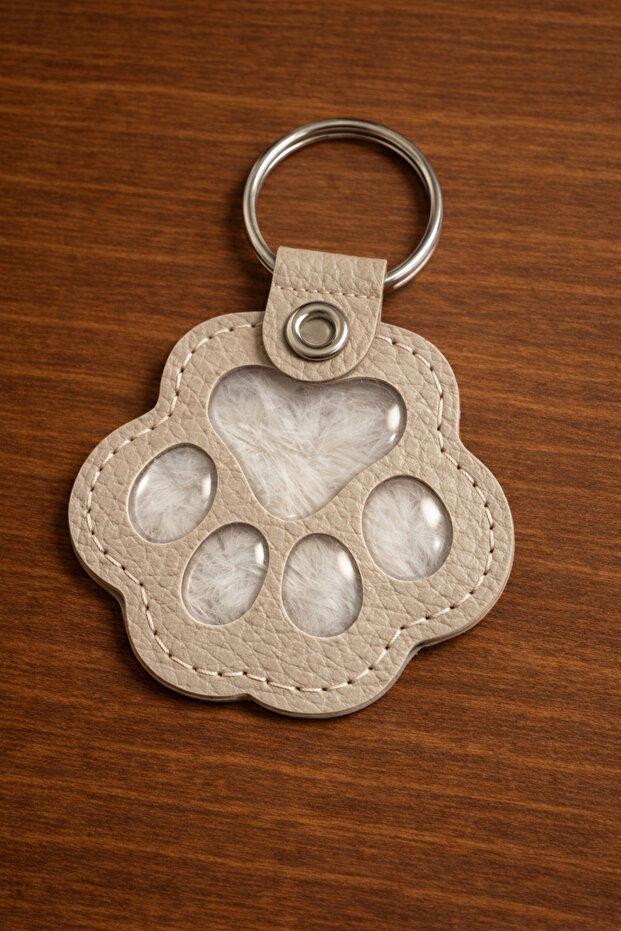 Pati Model Pet Hair Filled Leather Keychain Accessory Gift Souvenir Beige Cream