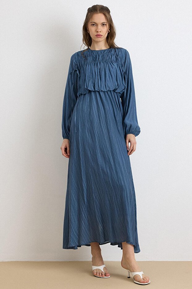 Drawstring and Lace Detailed Waist Gathered Dress İndi̇go 9434-E