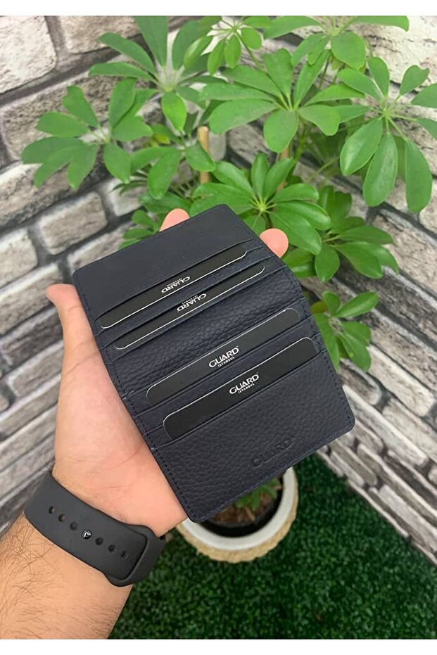 حامل بطاقات الائتمان للجنسين بتصميم مطوي من الجلد الطبيعي باللون الأزرق الداكن // GRD260225WT1369