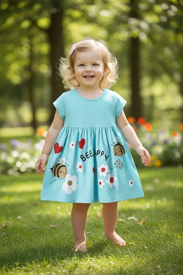 100% Cotton Combed Cotton Summer Girls' Blue Dress 2-3-4-5 Years Old