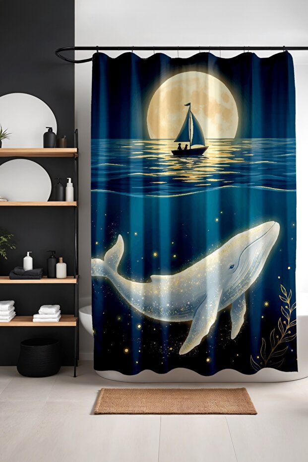 Bathroom Curtain, Moon and Whale Patterned Shower Curtain, Bathtub Curtain 175X200Cm