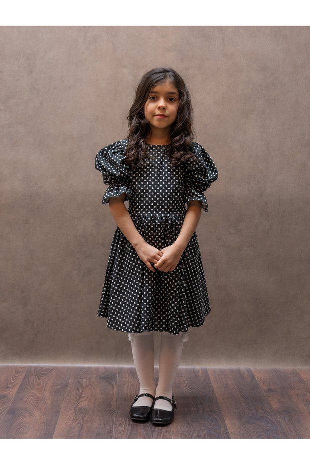 Girl's Black Polka Dot Belted Poplin Flared Dress