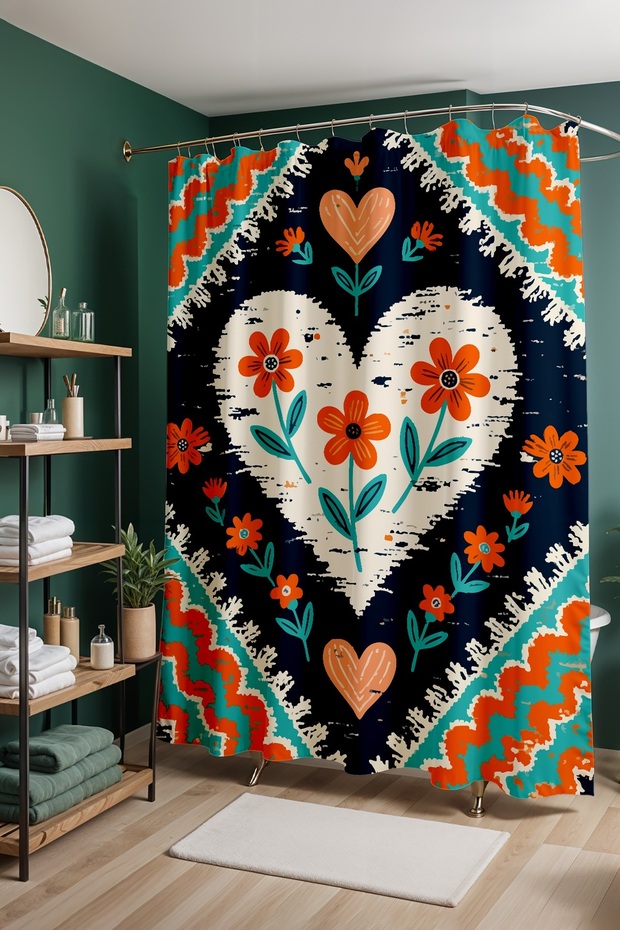 Bathroom Curtain, Ethnic Spring Heart Pattern Shower Curtain, Bathtub Curtain 175X200Cm