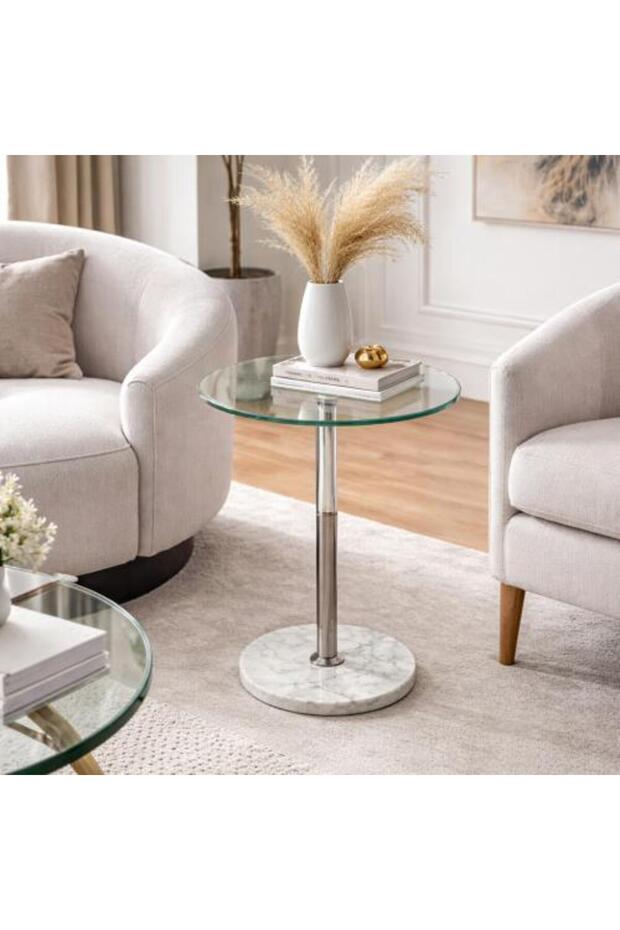 Glass Top Service Table with Marble Base