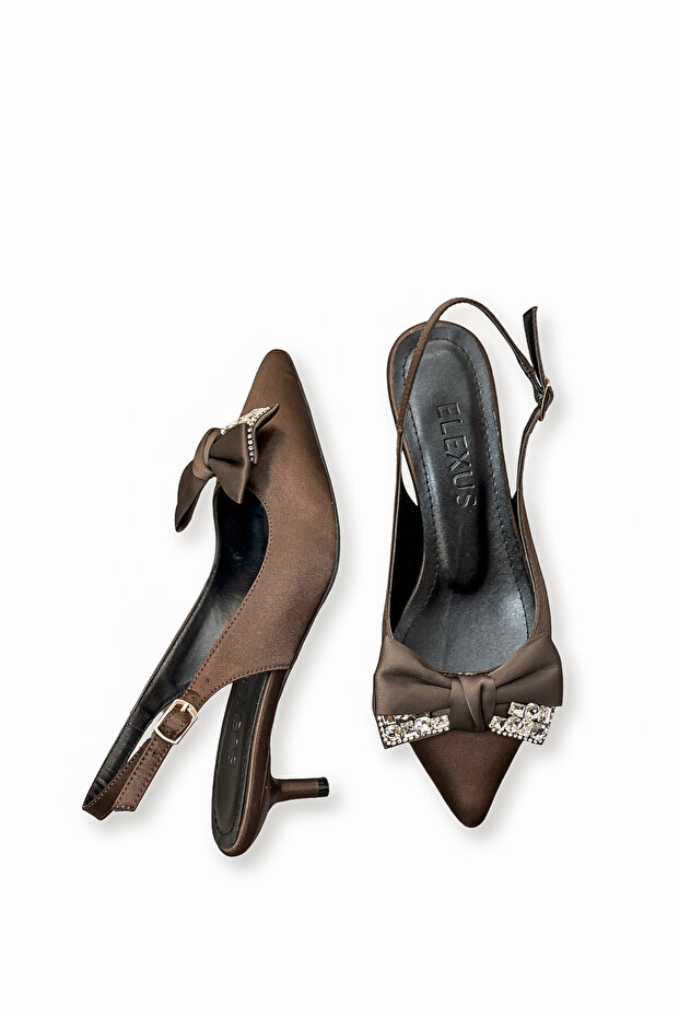 Women's Brown Satin Medium Heel Stiletto with Bow New Season Hk1092
