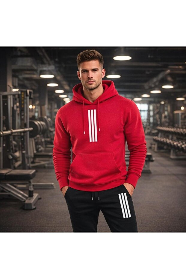 Men's Three-Stripe Hooded Tracksuit Set Winter Unisex Sweatshirt and Sweatpants 2-Piece Combination