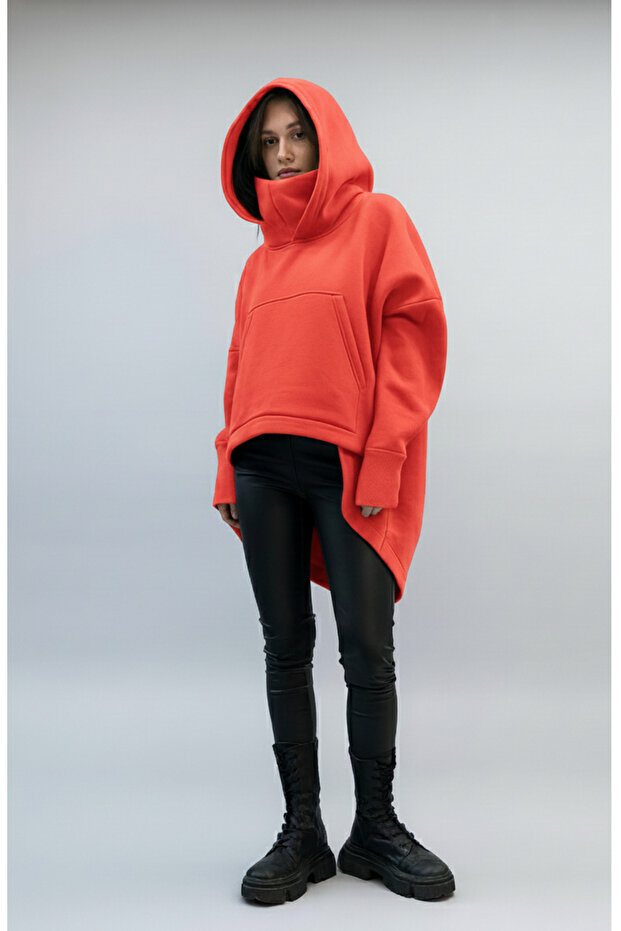 Women's Oversize Hooded Asymmetrical Cut Sweatshirt – Soft Fabric, Comfortable Fit K25 3020