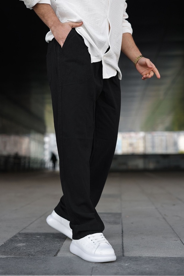 Hazhers Erkek Siyah %100 Keten Relaxed Fit Beli Lastikli Bağcıklı Yazlık Pantolon
