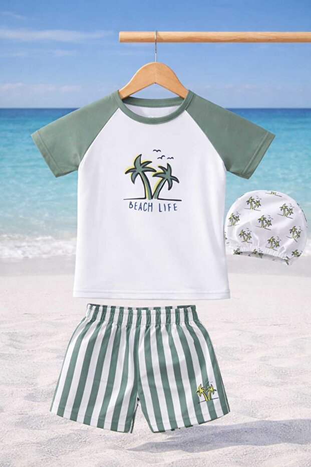 Boy's Swimsuit 3-Piece Set: Top + Shorts + Cap