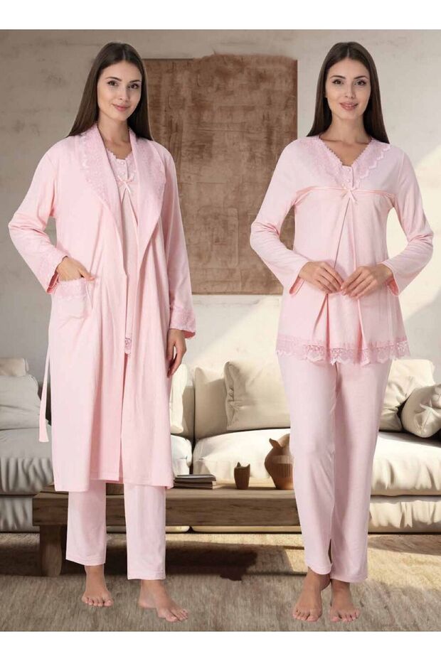 Dvina Maternity Pajama Set with Robe and Lace Collar - 3-Piece Set - Pink