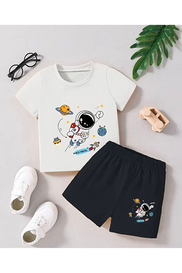 Summer Flying Astronaut Printed Boys' Black Shorts and White T-Shirt Set