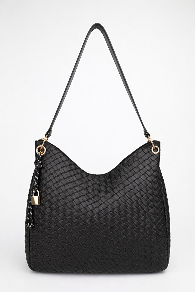 Women's Braided Black Charm Detailed Zipper Closure Hand and Shoulder Bag Toli