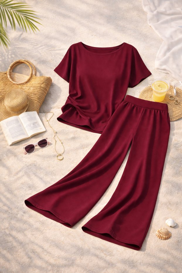 Premium Modal Fabric Boat Neck Wide Leg Pants Set – Summer Comfortable Fit Stylish Two-Piece Set