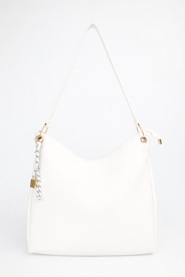 Women's Patternless White Charm Detailed Zipper Closure Hand and Shoulder Bag Toli