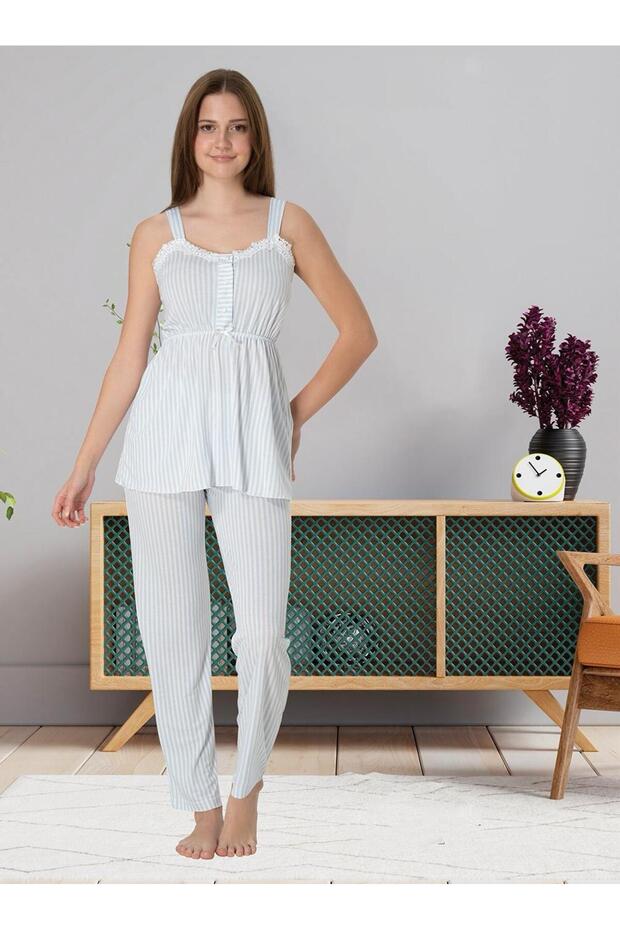 Dvina Maternity Striped Patterned and Strappy Pajama Set - Blue