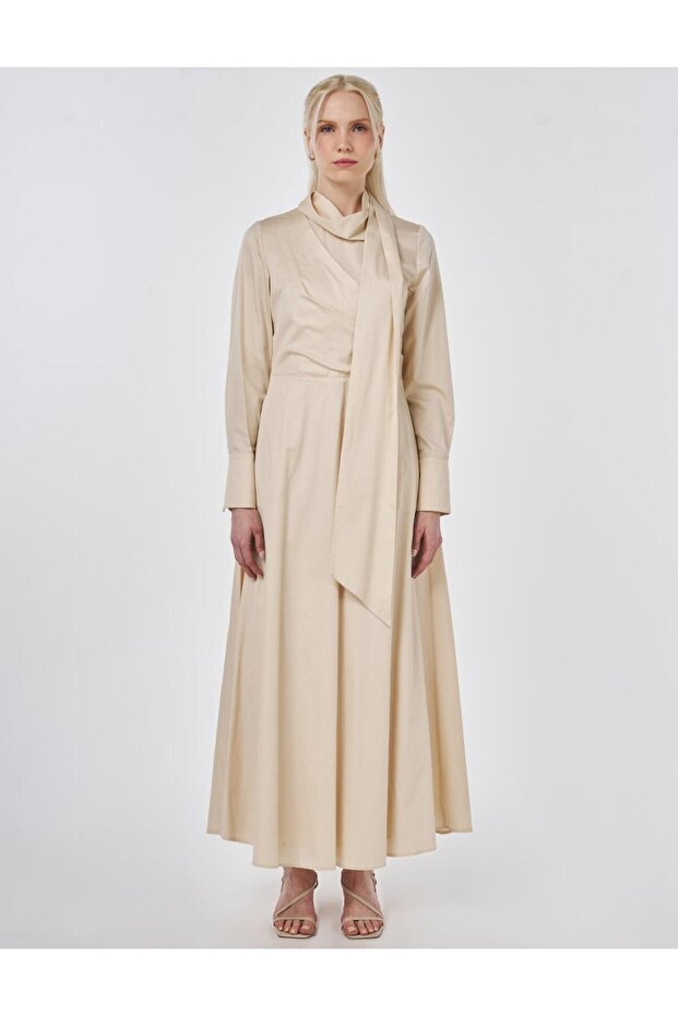 Drapeli Maxi Elbise Krem - 2