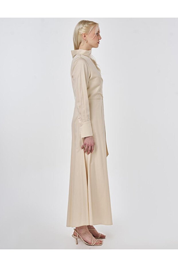 Drapeli Maxi Elbise Krem - 5
