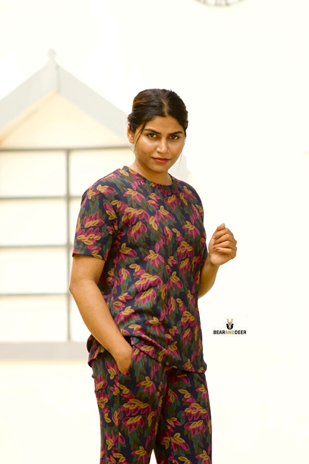 Dark Navy Leaf Pattern Co-ordset - 3